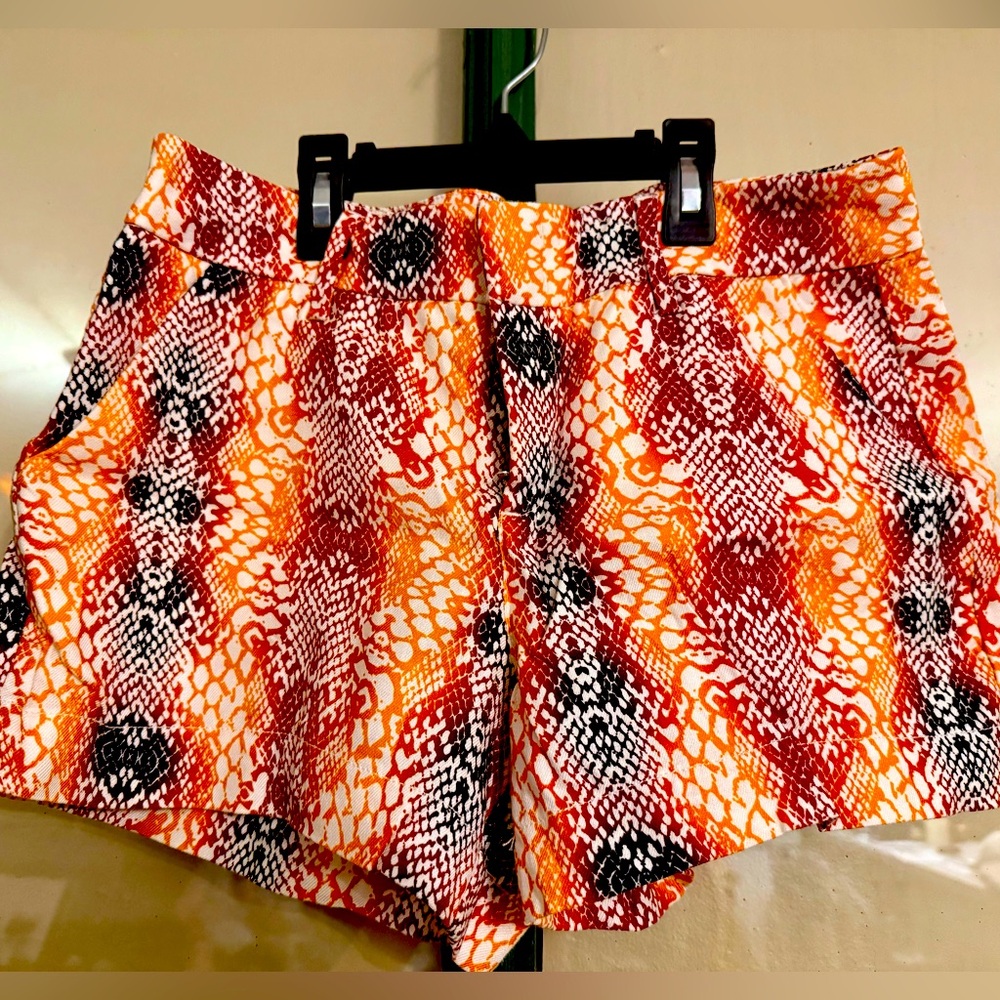 Level 99 Red and Orange Snake Print High Waist Shorts